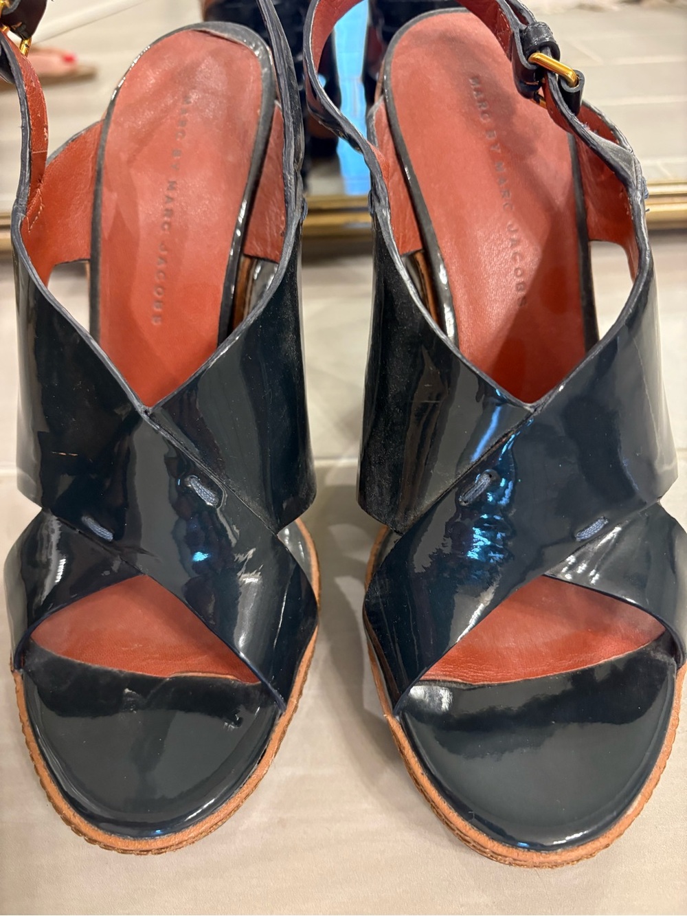 Marc Jacobs Black Patent Leather Cross-Over Wedge Sandals with Brown Footbed